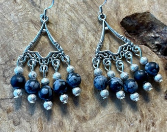 Snowflake Obsidian Chandelier Earrings: Sterling Silver Hooks, Black Gemstone