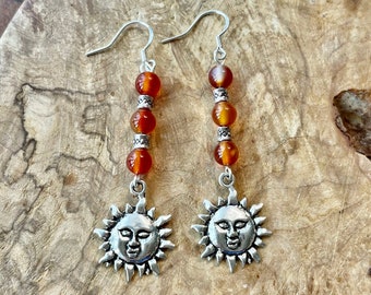 Carnelian Sun Earrings ~ Orange Stones ~ Dangle Charm Earrings