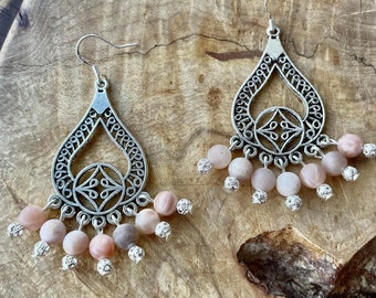 Sunstone Chandelier Earrings ~ Matte Pink Stone Beads ~ Boho Jewellery ~ Dusty Rose