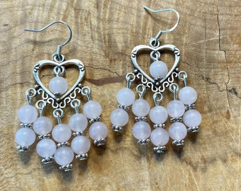 Pink Heart Earrings ~ Chandelier Earrings ~ Matte Rose Quartz Stone Beads ~ Boho Style