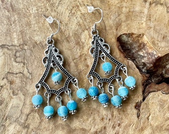 Blue Fire Dragon Vein Agate Chandelier Earrings: Tibetan Silver Statement Jewelry