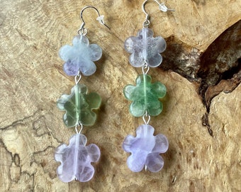 Gemstone Flower Earrings ~ Fluorite Stones ~ Purple and Green ~ Dangle Earrings