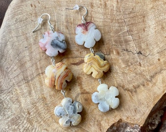 Stone Flower Earrings ~ Crazy Lace Agate ~ Earth Tones ~ Dangle Earrings