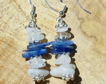 Moonstone and Blue Kyanite Stone Earrings ~ Ice Blue and Iridescent Irregular Stones