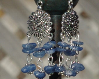 Kyanite Chandelier Earrings ~ Silver Tibetan Sun ~ Ice Blue Stones ~ Unusual  Freeform Stones