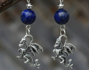 Lapis Dragon Earrings ~ Lapis Lazuli Stone ~ Welsh Dragon Tibetan Charm