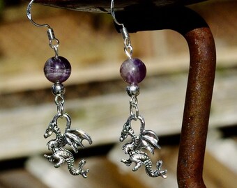 Amethyst Dragon Earrings ~ Welsh Dragon Tibetan Charm