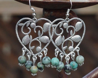 African Turquoise Heart Earrings ~ Heart Chandelier Earrings