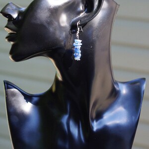 May include: A pair of silver earrings with blue gemstone beads. The earrings are dangling and have a silver hook closure.