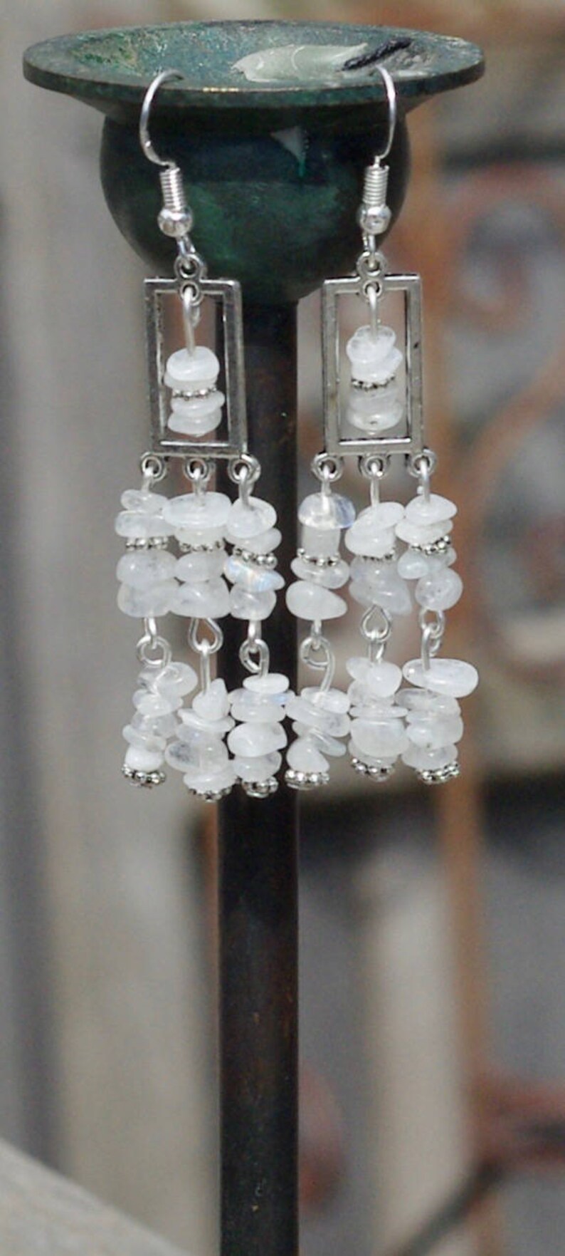 Moonstone Chandelier Earrings Iridescent Chip Stones image 2