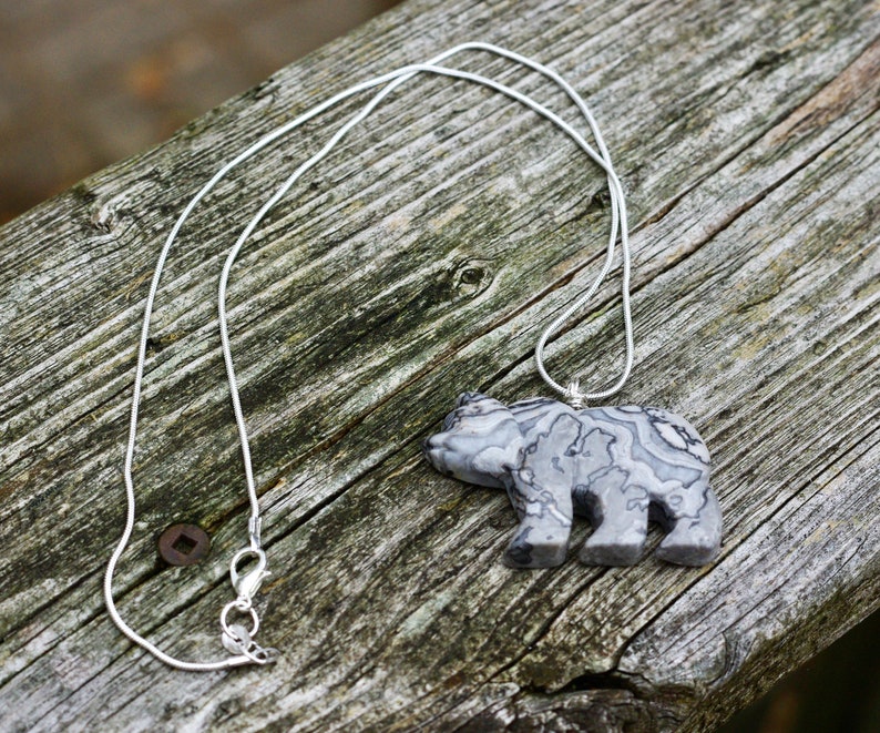 Black Lace Agate Gemstone Bear Necklace ~ Black and White Bear Necklace ~ Polished Grey Stone