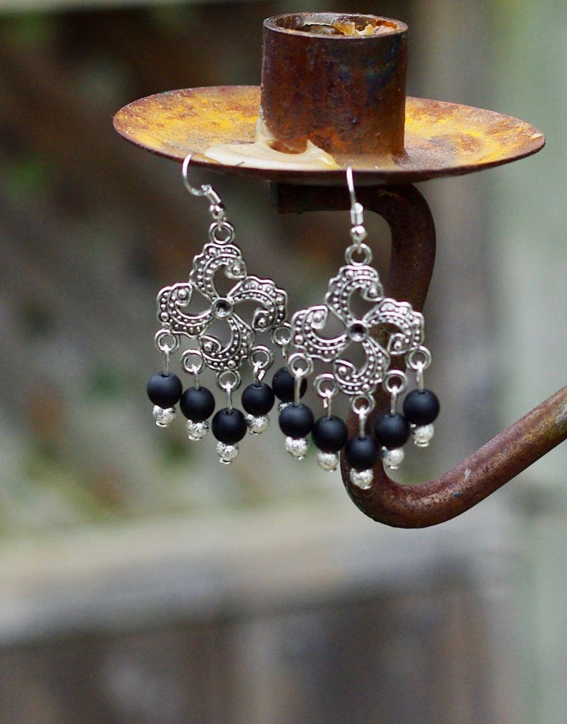 Matte Black Onyx Chandelier Earrings Tibetan Silver Pinwheel Etsy