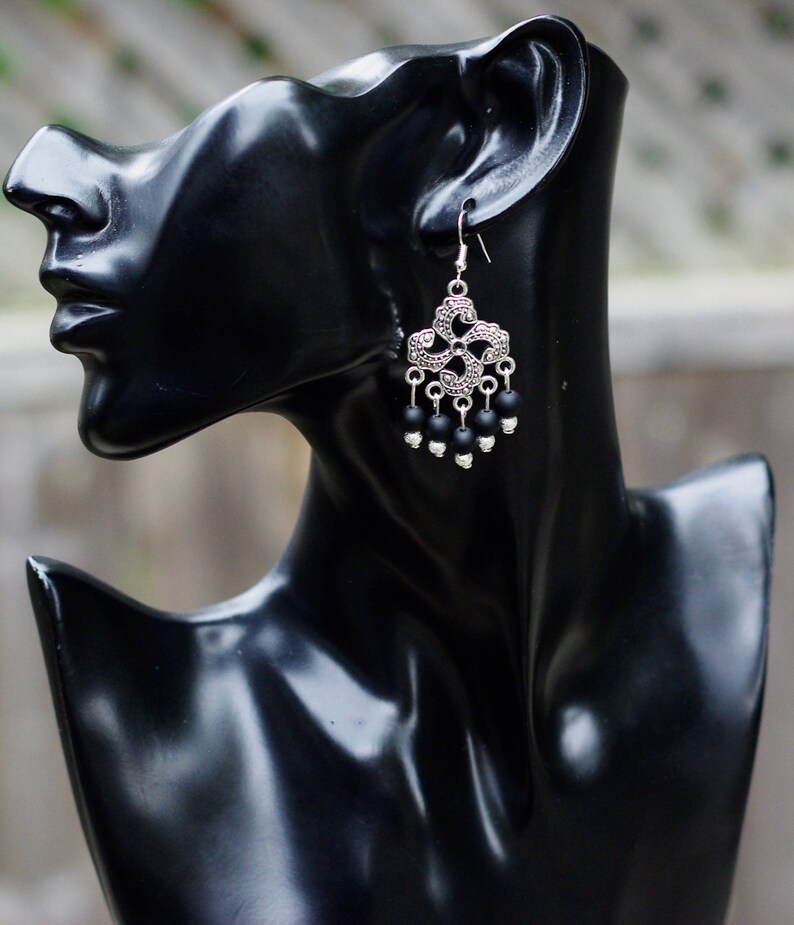 Matte Black Onyx Chandelier Earrings Tibetan Silver Pinwheel Etsy