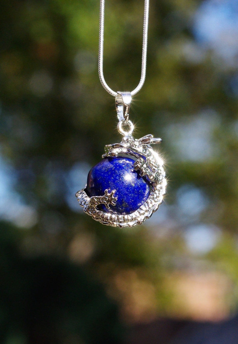 Lapis Lazuli Dragon Pendant on a Sterling Silver Chain Blue Stone Dragon Healing Crystal Chinese New Year image 1