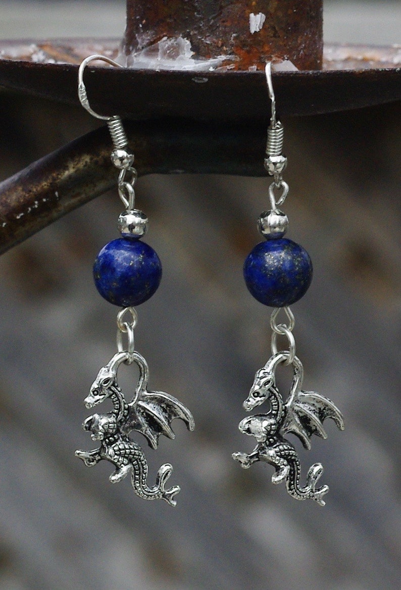 Lapis Dragon Earrings  Lapis Lazuli Stone  Welsh Dragon image 0