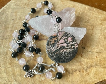 Rhodonite Pendant Necklace ~ Rose Quartz ~ Black Onyx ~ Hand Wired Chain ~ Healing Crystals