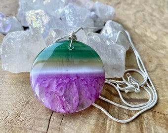 Round Stone Pendant ~ Sterling Silver ~ Agate Necklace ~ Natural Stone ~ Purple Green White Colours