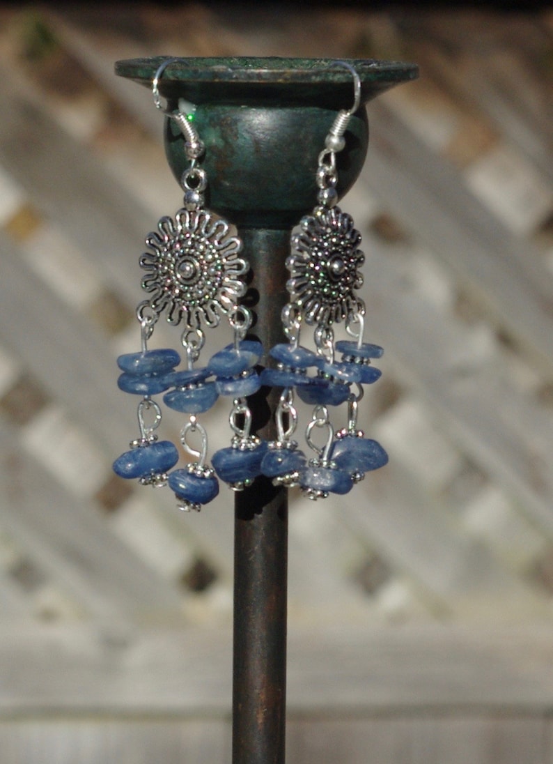 Kyanite Chandelier Earrings  Silver Tibetan Sun  Ice Blue image 0