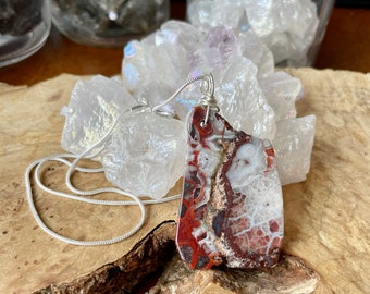 Freeform Agate Pendant ~ Mexican Crazy Lace Agate Necklace ~ Natural Stone ~ Healing Crystal ~ Sterling Silver Chain