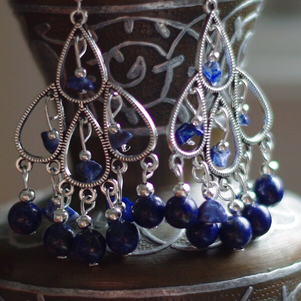 Lapis Lazuli Semi Precious Blue Stone Boho Bohemian Chandelier Earrings