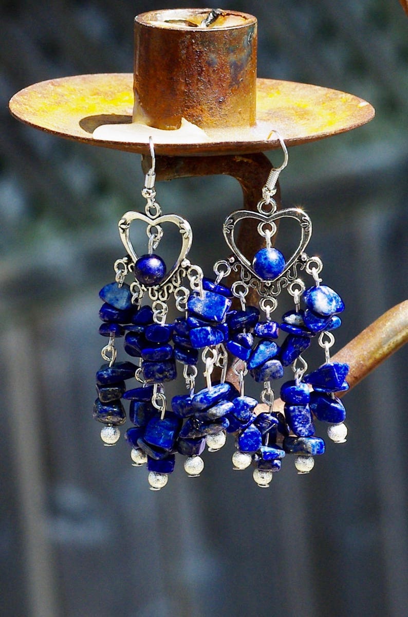 Lapis Lazuli Chip Stone Chandelier Earrings Tibetan Silver Heart Natural Irregular Stones Boho Jewelry Hippie Style Bohemian Blue image 1