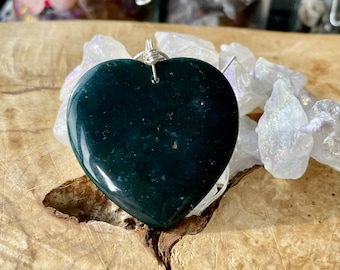 Green Moss Agate ~ Heart Necklace ~ Sterling Silver Chain