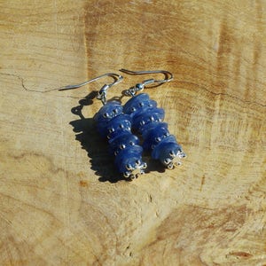 May include: A pair of dangle earrings with blue glass beads and silver accents.