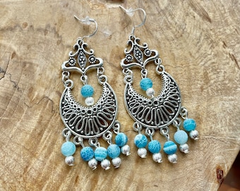 Blue Dragon Vein Agate Chandelier Earrings: Tibetan Silver Statement Jewelry