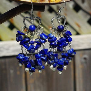 Lapis Lazuli Chip Stone Chandelier Earrings Tibetan Silver Heart Natural Irregular Stones Boho Jewelry Hippie Style Bohemian Blue image 4