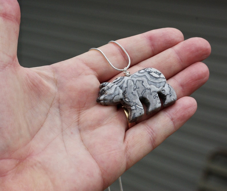 Black Lace Agate Gemstone Bear Necklace ~ Black and White Bear Necklace ~ Polished Grey Stone