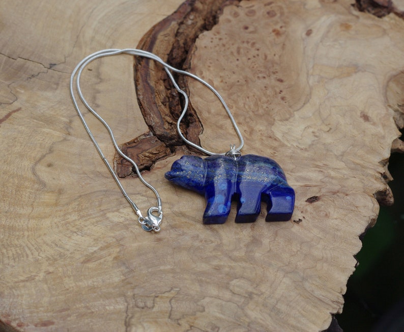 Blue Stone Bear Necklace  Lapis Lazuli Polar Bear  Sterling image 0