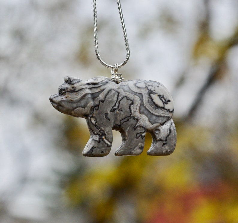 Black Lace Agate Gemstone Bear Necklace ~ Black and White Bear Necklace ~ Polished Grey Stone