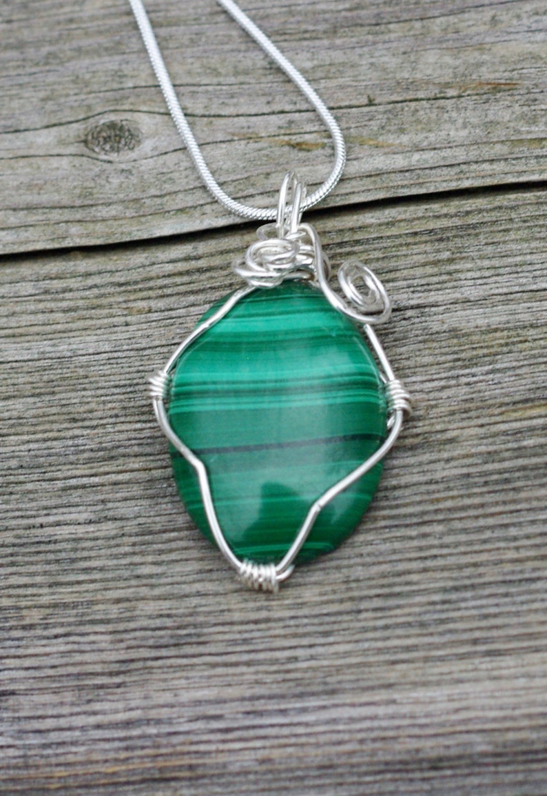 Malachite Stone Pendant Necklace  Hand Wired Sterling Silver image 0