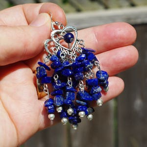 Lapis Lazuli Chip Stone Chandelier Earrings Tibetan Silver Heart Natural Irregular Stones Boho Jewelry Hippie Style Bohemian Blue image 3