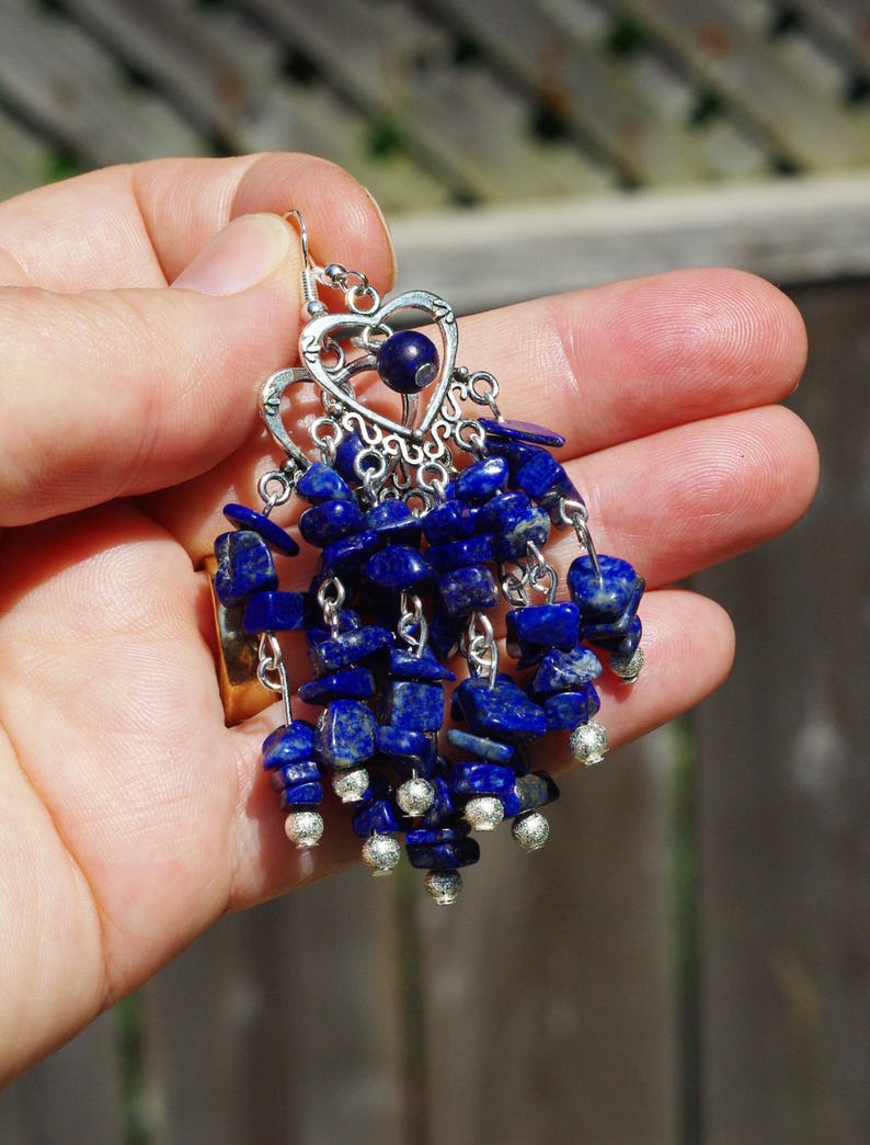 Lapis Lazuli Chip Stone Chandelier Earrings Tibetan Silver Heart Natural Irregular Stones Boho Jewelry Hippie Style Bohemian Blue image 3