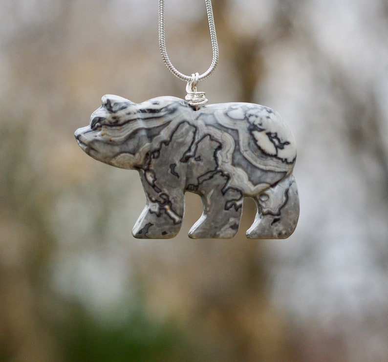 Black Lace Agate Gemstone Bear Necklace ~ Black and White Bear Necklace ~ Polished Grey Stone