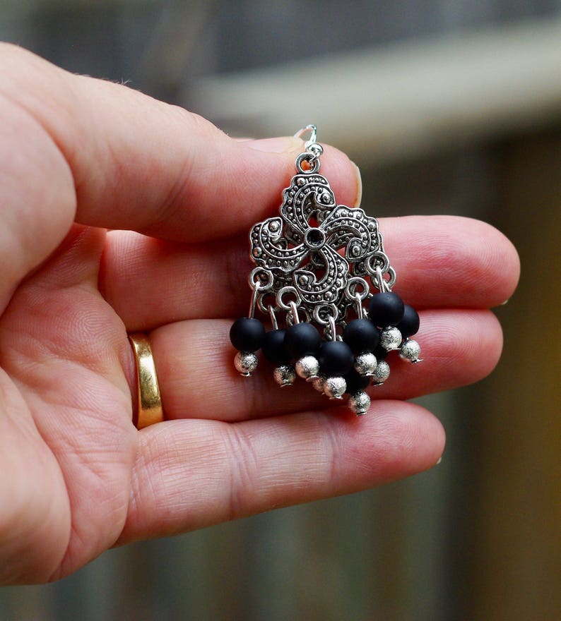 Matte Black Onyx Chandelier Earrings Tibetan Silver Pinwheel Etsy Canada