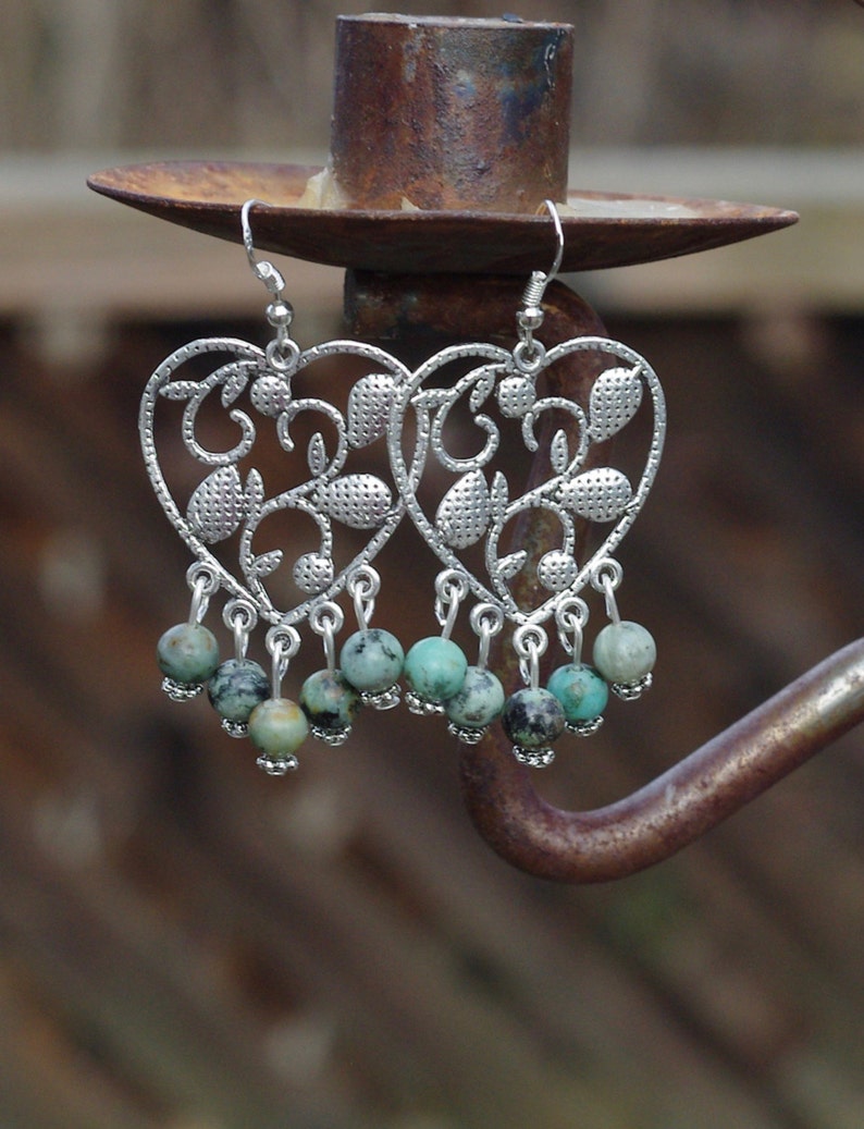 African Turquoise Heart Earrings  Heart Chandelier Earrings image 0