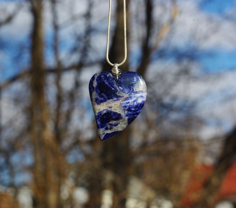 Large Blue Sodalite Heart Necklace  Sterling Silver Chain  image 0