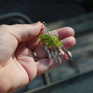 Peridot Earrings Tibetan Silver Feathers OOAK One of a Kind image 4