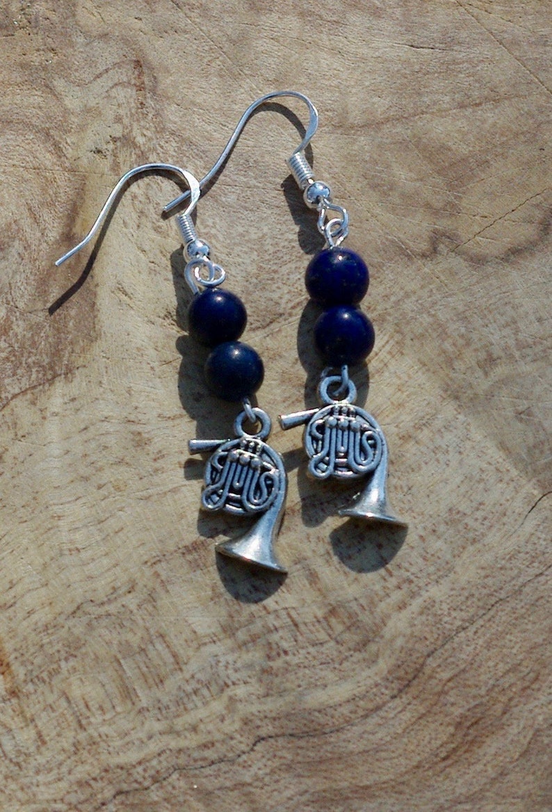 Lapis Lazuli French Horn Earrings  Musical Earrings image 0