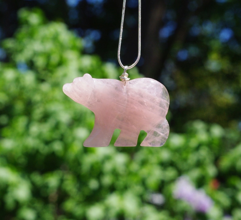 Large Rose Quartz Stone Bear Necklace  Pink Stone Pendant  image 0