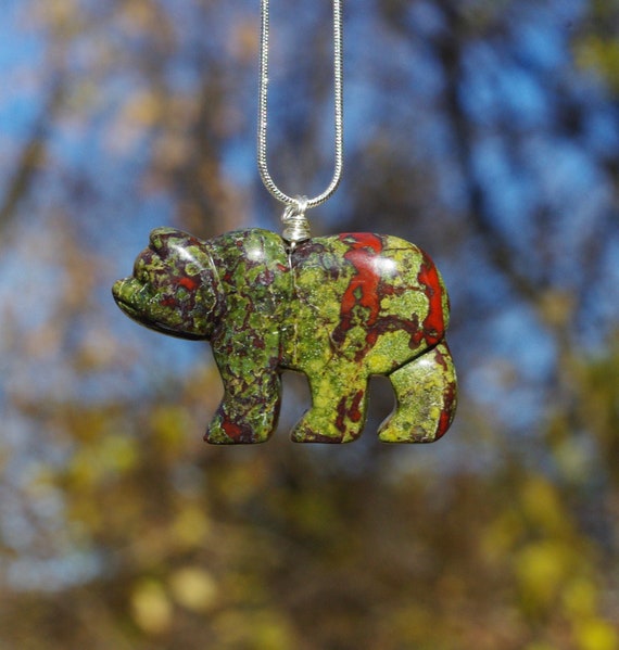 Dragon Blood Jasper Bear Necklace ~ Green and Red Stone ~  Natural Stone Pendant
