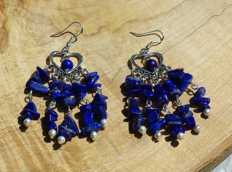 Lapis Lazuli Chip Stone Chandelier Earrings Tibetan Silver Heart Natural Irregular Stones Boho Jewelry Hippie Style Bohemian Blue image 2