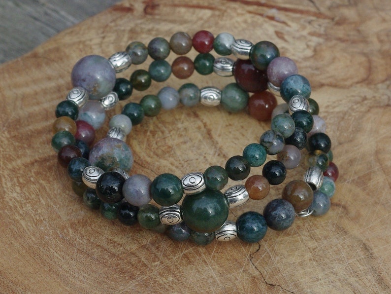 Indian Agate Stone Bracelet  Earth Tone Stones  Memory Wire image 0