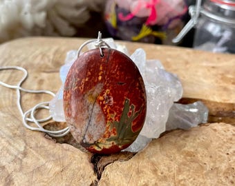 Picasso Jasper Necklace ~ Olive Green and Merlot Red Stone Pendant ~ Sterling Silver Chain