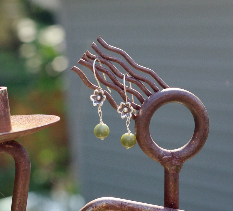 Green Jade Flower Earrings  Karen Hill Tribe Fine Silver  BC image 0