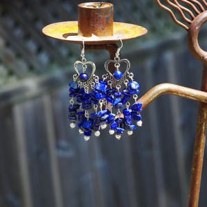 Lapis Lazuli Chip Stone Chandelier Earrings Tibetan Silver Heart Natural Irregular Stones Boho Jewelry Hippie Style Bohemian Blue image 7