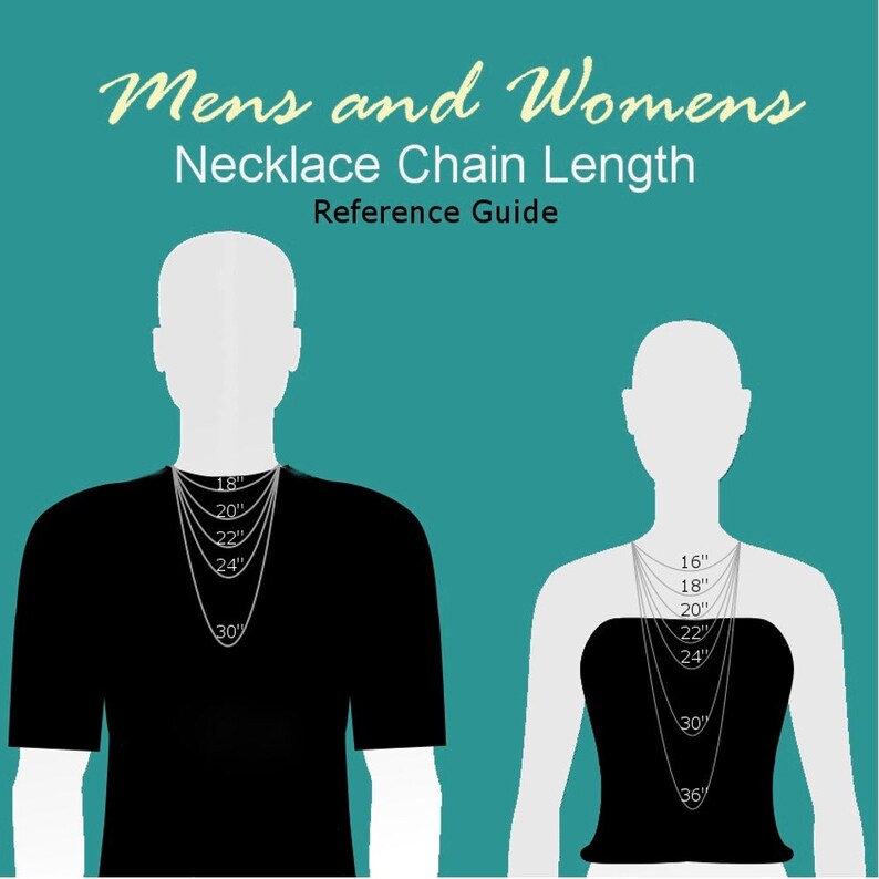 May include: A diagram showing necklace chain lengths on two figures. The lengths are shown in inches, ranging from 16 to 36 inches.