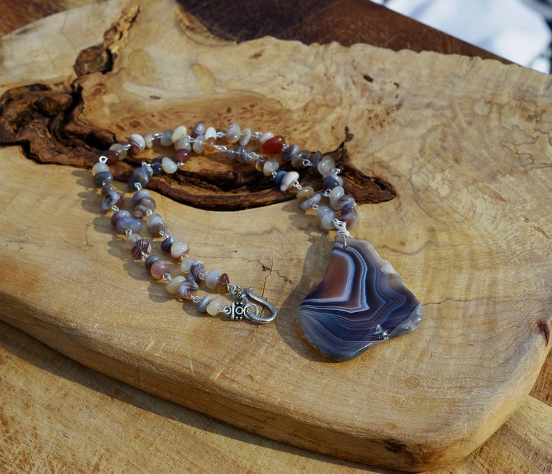 Botswana Agate Pendant Freeform Slice Stone Unisex Stone Necklace One of a Kind OOAK image 1